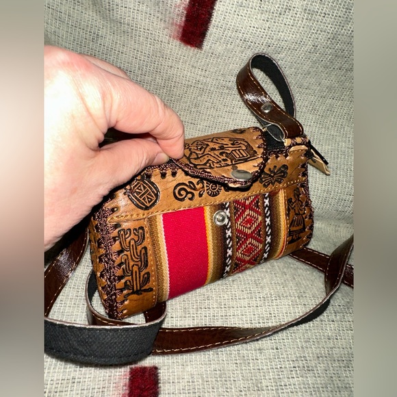 Hand Tooled Leather Crossbody Bag—With Ethnic Made Keychain added:)$4.99 ships! - Picture 2 of 10